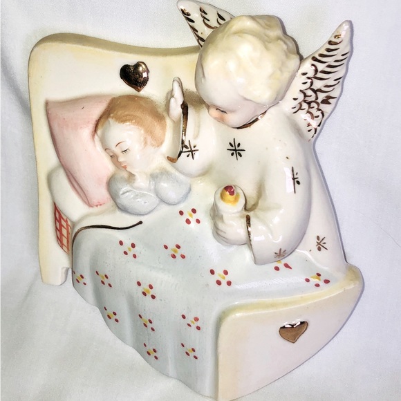 Vintage ART Guardian Angel Watching Over Baby Ceramic Wall Plaque Made in Japan - Picture 2 of 7